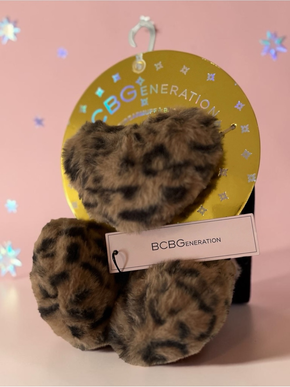 BCBGeneration Leopard Print Faux EarMuffs / Plush Heart Bag Charm Set NWT